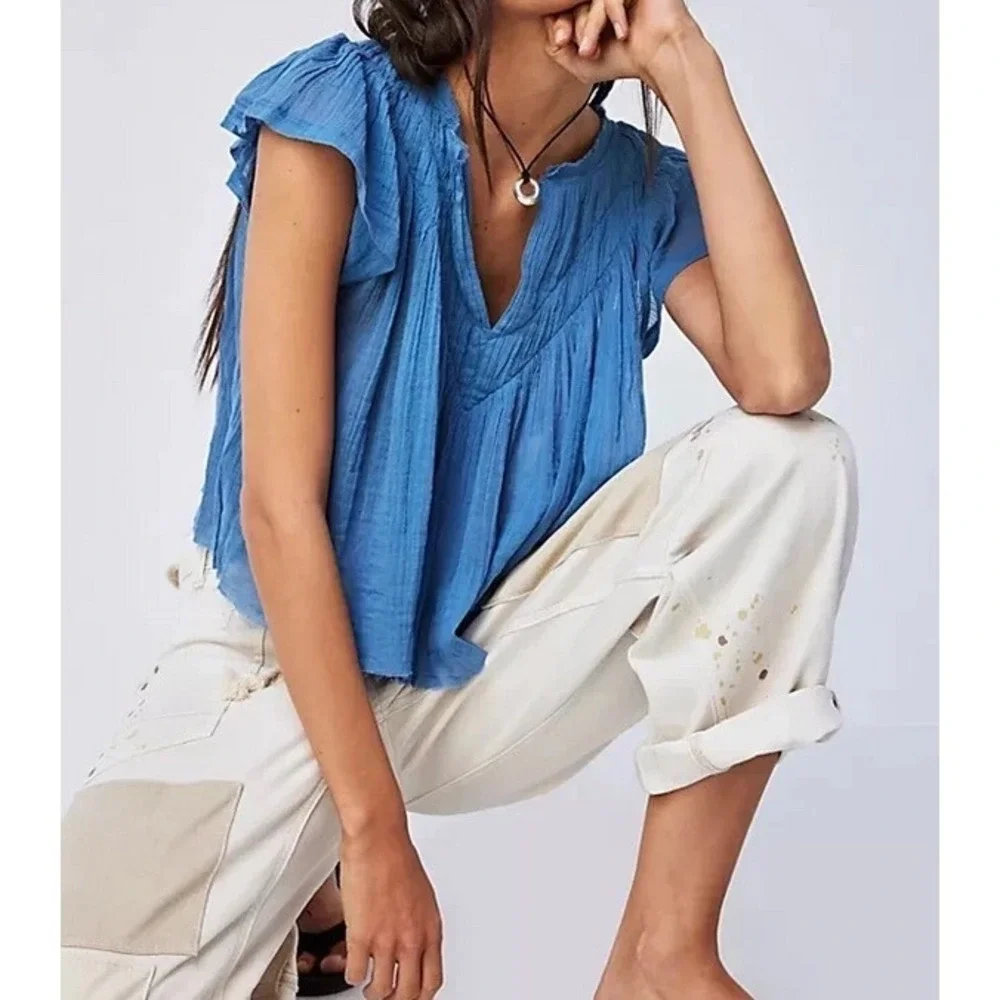 Free People FP One Blue Gauze Pleated Flutter Sleeve Boho Blouse Top Medium pp